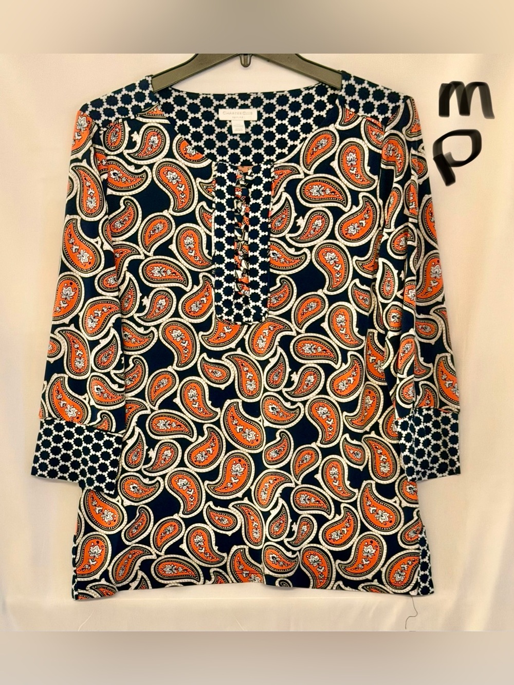 Charter Club Navy and Orange Paisley Pull-On Tunic